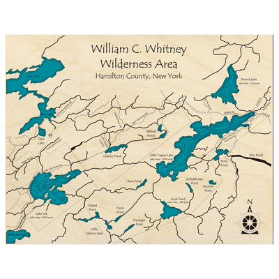Bathymetric topo map of William C Whitney Wilderness Area, NY with roads, towns and depths noted in blue water.