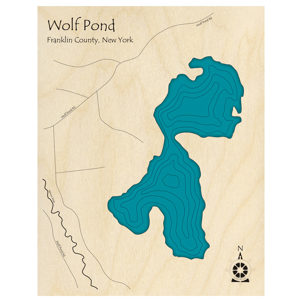 Bathymetric topo map of Wolf Pond, NY with roads, towns and depths noted in blue water.