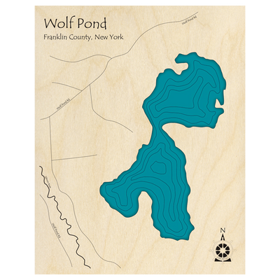 Bathymetric topo map of Wolf Pond, NY with roads, towns and depths noted in blue water.