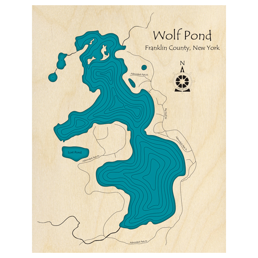 Bathymetric topo map of Wolf Pond, NY with roads, towns and depths noted in blue water.