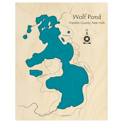 Bathymetric topo map of Wolf Pond, NY with roads, towns and depths noted in blue water.