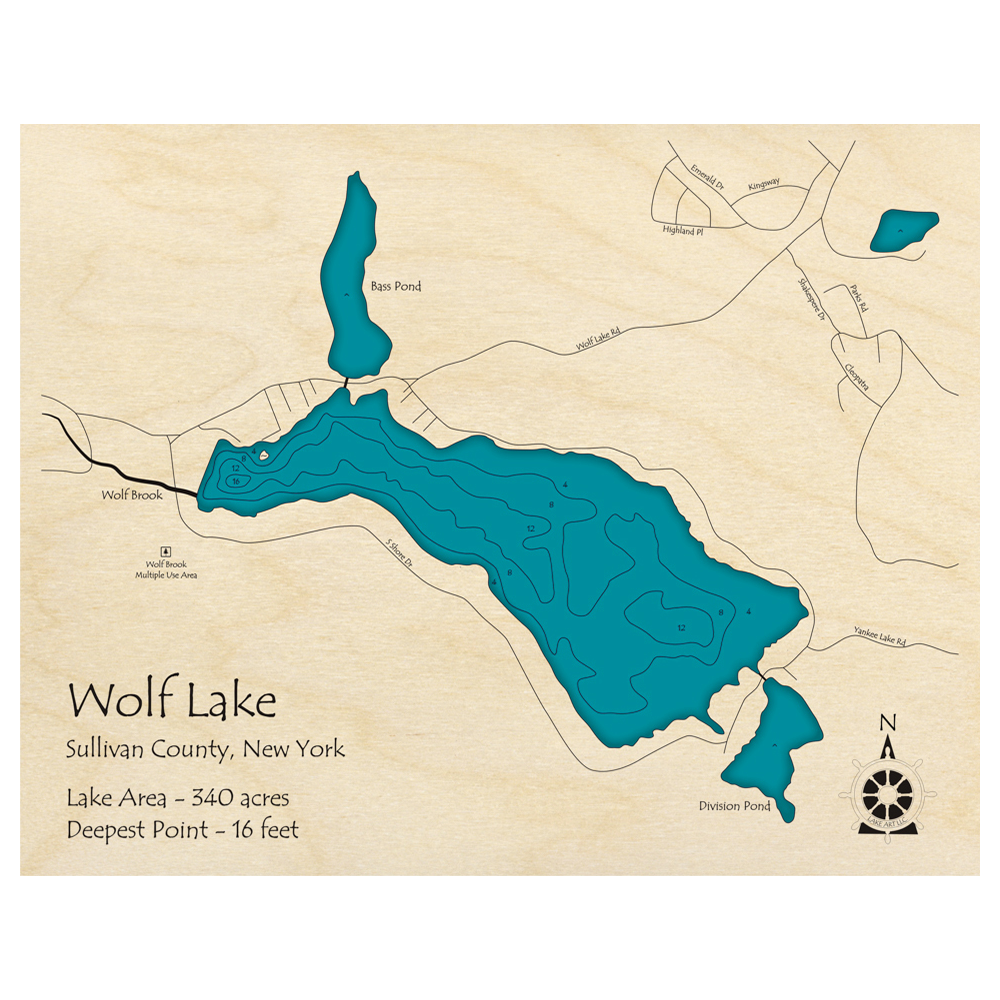 Bathymetric topo map of Wolf Lake, NY with roads, towns and depths noted in blue water.