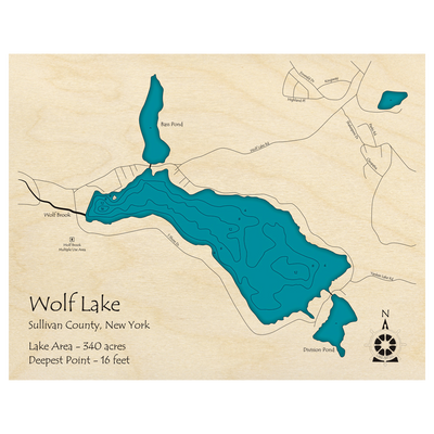 Bathymetric topo map of Wolf Lake, NY with roads, towns and depths noted in blue water.