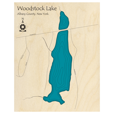 Bathymetric topo map of Woodstock Lake, NY with roads, towns and depths noted in blue water.