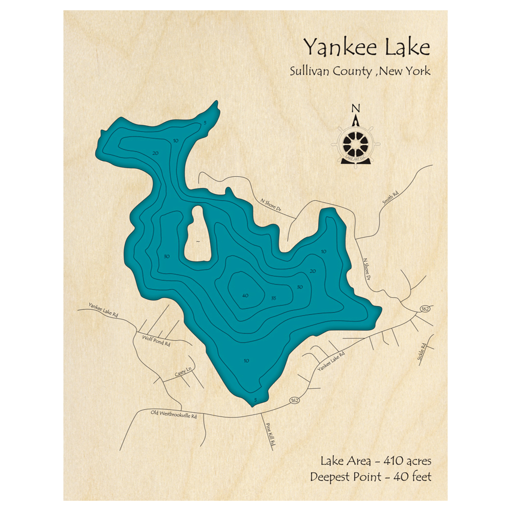 Bathymetric topo map of Yankee Lake, NY with roads, towns and depths noted in blue water.