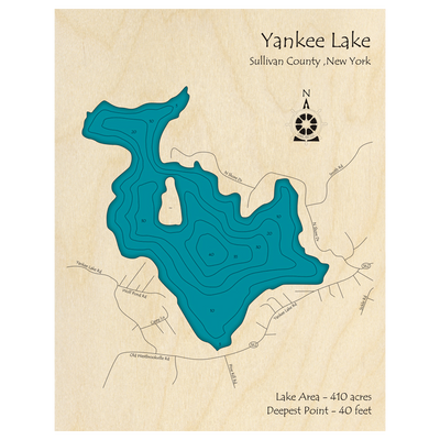Bathymetric topo map of Yankee Lake, NY with roads, towns and depths noted in blue water.