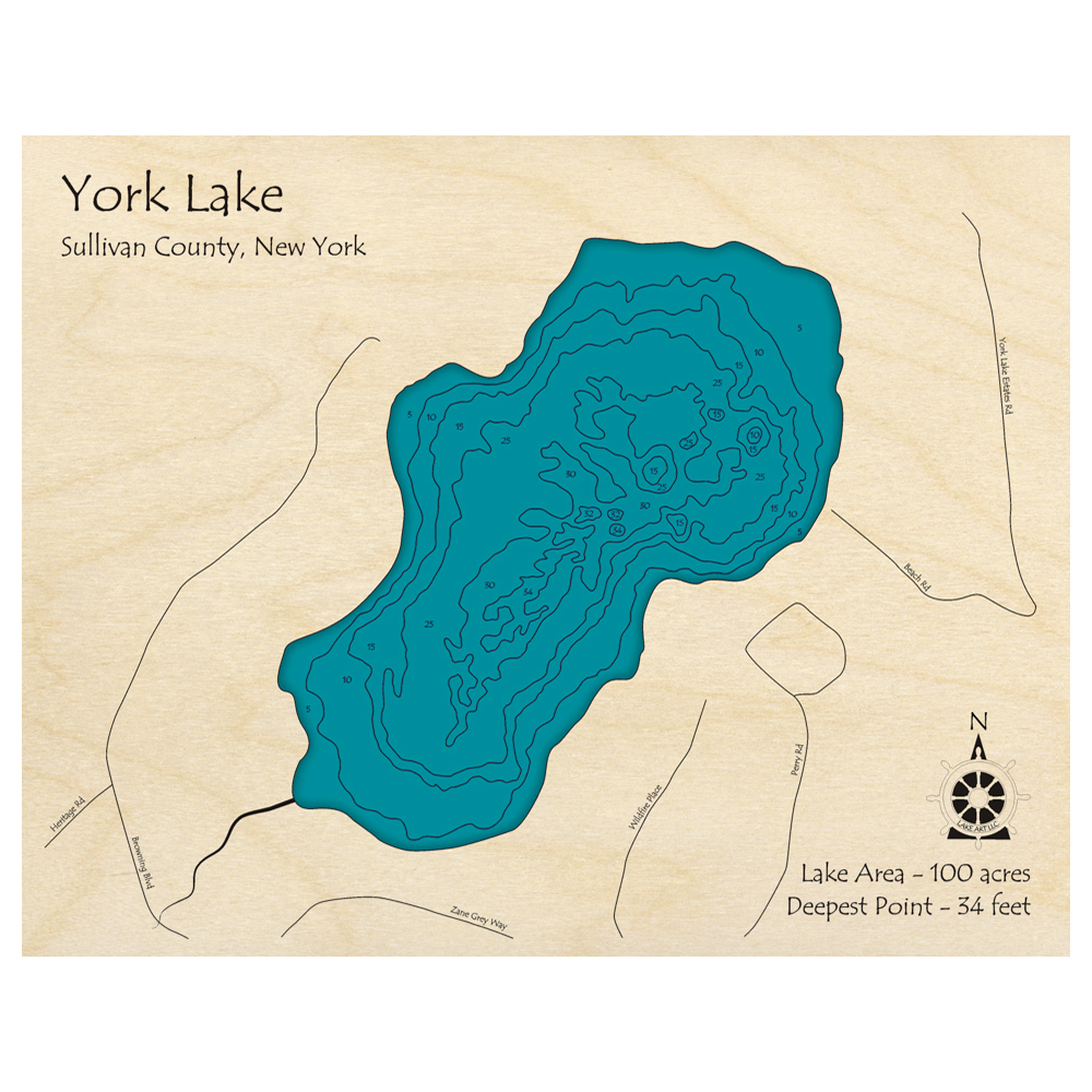 Bathymetric topo map of York Lake, NY with roads, towns and depths noted in blue water.