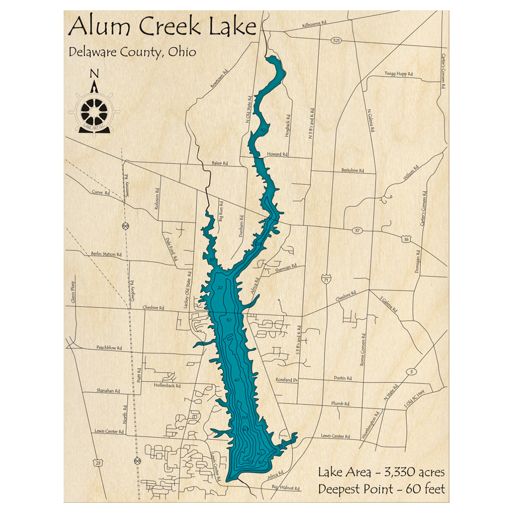 Bathymetric topo map of Alum Creek Reservoir, OH with roads, towns and depths noted in blue water.