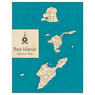 Bathymetric topo map of Bass Islands, OH with roads, towns and depths noted in blue water.