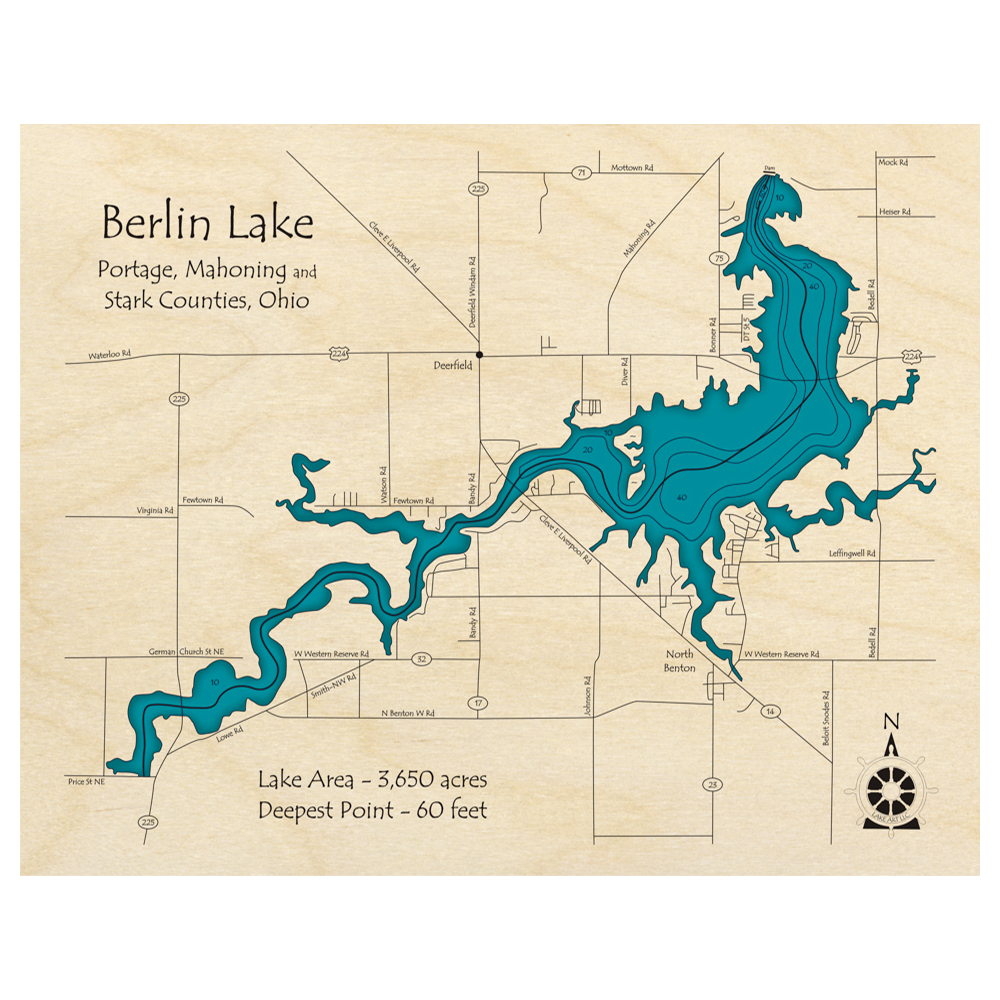 Bathymetric topo map of Berlin Lake, OH with roads, towns and depths noted in blue water.