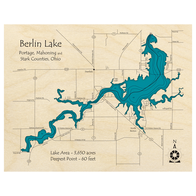 Bathymetric topo map of Berlin Lake, OH with roads, towns and depths noted in blue water.