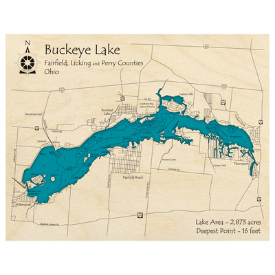 Bathymetric topo map of Buckeye Lake, OH with roads, towns and depths noted in blue water.