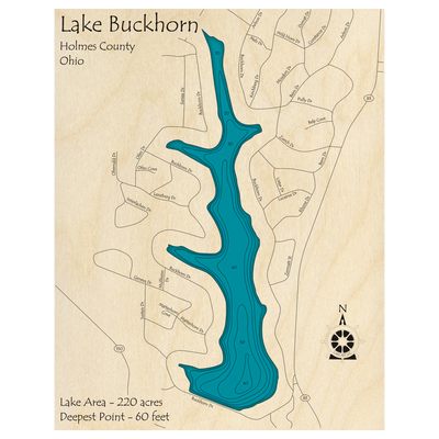 Bathymetric topo map of Lake Buckhorn, OH with roads, towns and depths noted in blue water.