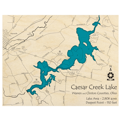 Bathymetric topo map of Caesar Creek Lake, OH with roads, towns and depths noted in blue water.