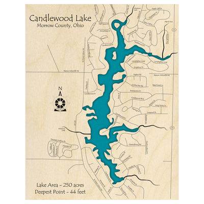 Bathymetric topo map of Candlewood Lake, OH with roads, towns and depths noted in blue water.