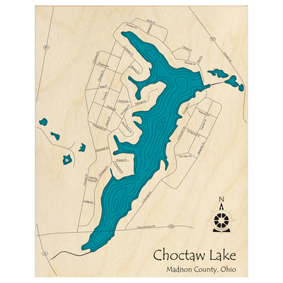 Bathymetric topo map of Choctaw Lake, OH with roads, towns and depths noted in blue water.
