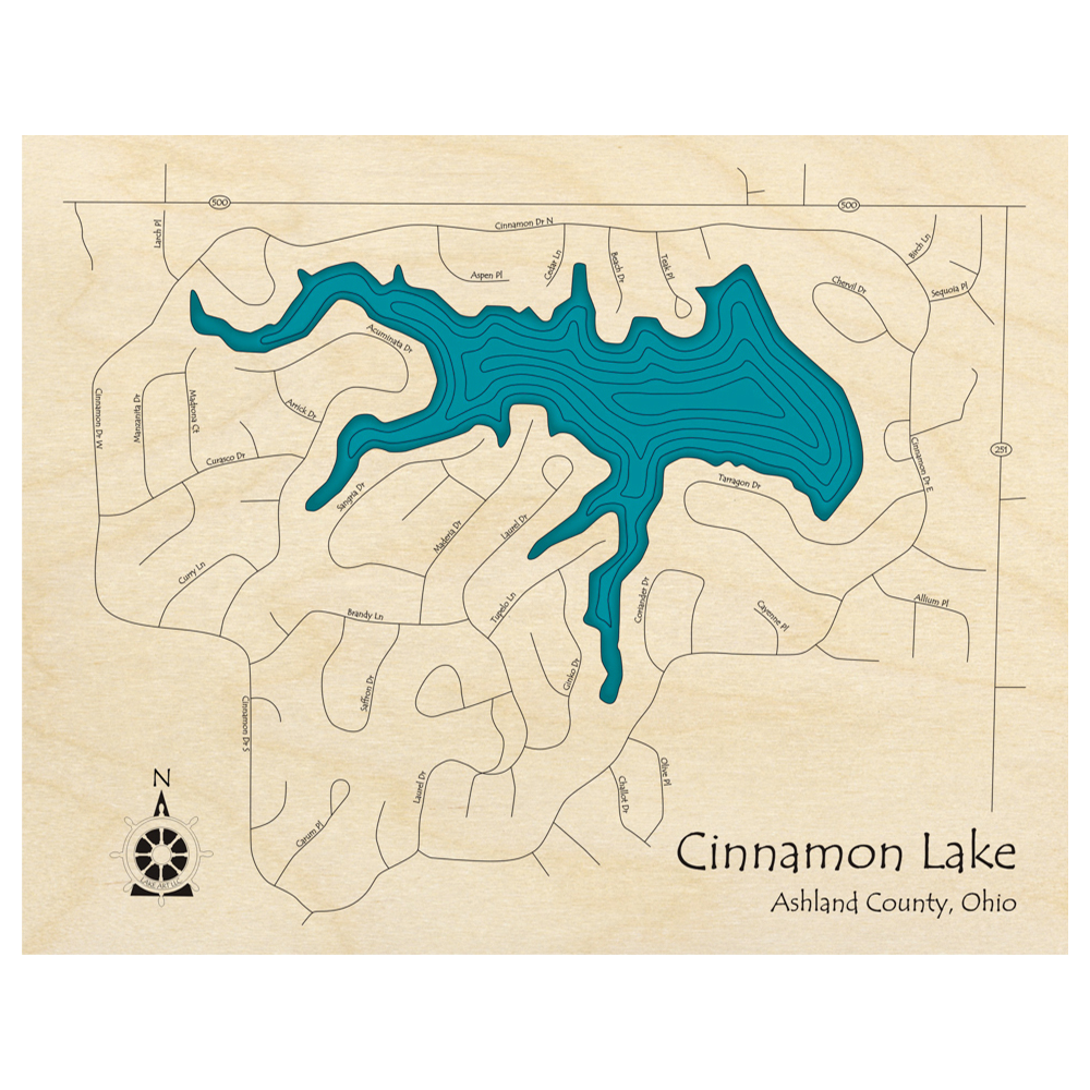 Bathymetric topo map of Cinnamon Lake, OH with roads, towns and depths noted in blue water.