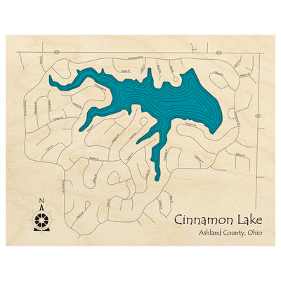 Bathymetric topo map of Cinnamon Lake, OH with roads, towns and depths noted in blue water.