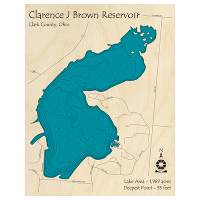 Bathymetric topo map of Clarence J Brown Reservoir, OH with roads, towns and depths noted in blue water.