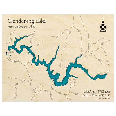 Bathymetric topo map of Clendening Lake, OH with roads, towns and depths noted in blue water.
