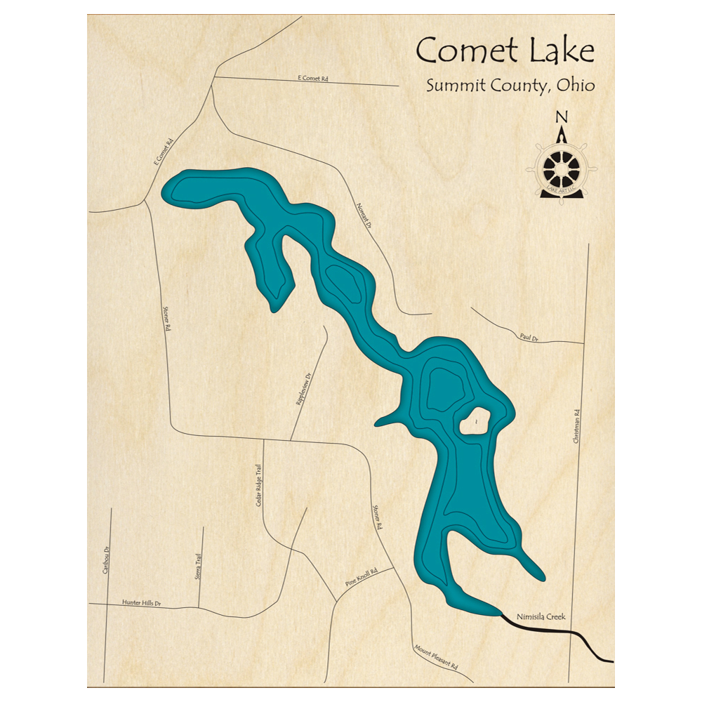 Bathymetric topo map of Comet Lake, OH with roads, towns and depths noted in blue water.