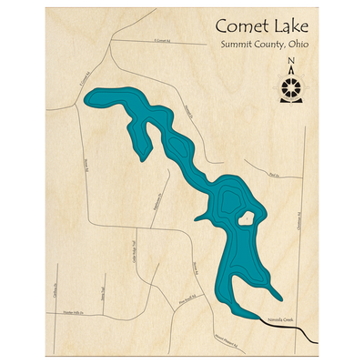 Bathymetric topo map of Comet Lake, OH with roads, towns and depths noted in blue water.