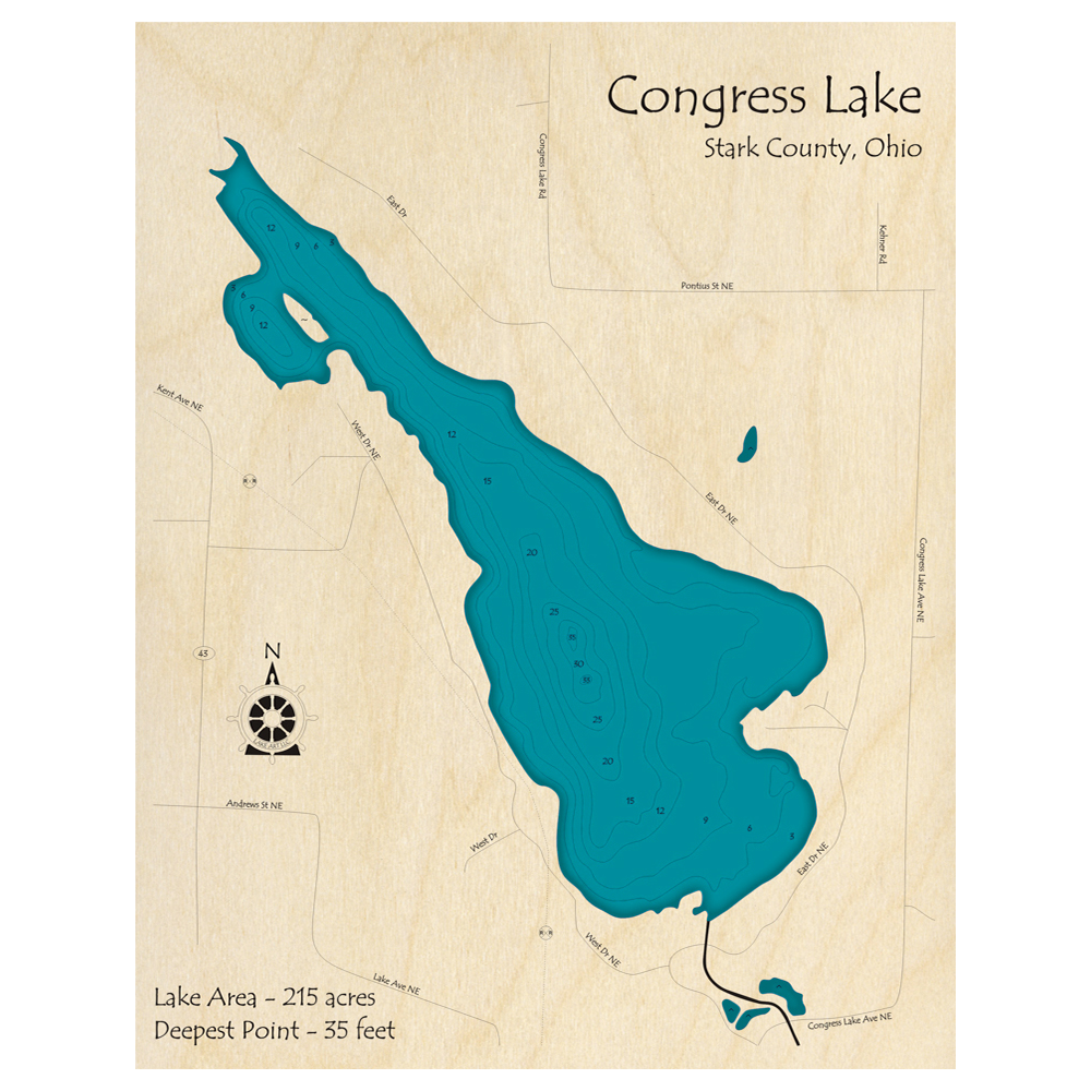 Bathymetric topo map of Congress Lake, OH with roads, towns and depths noted in blue water.