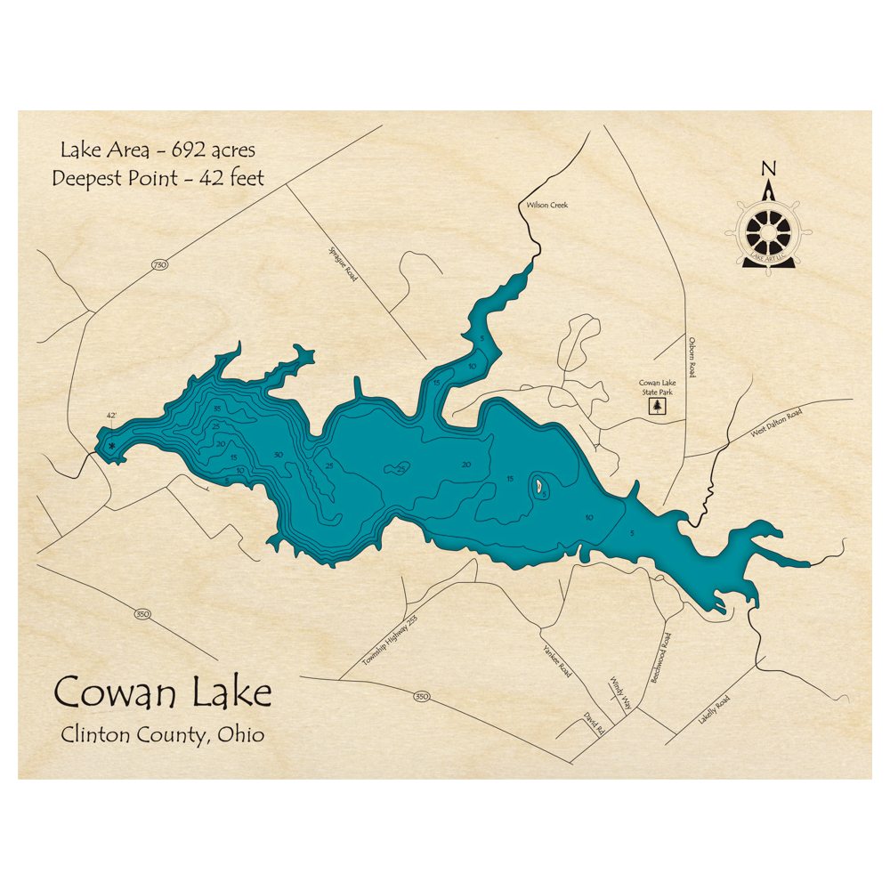 Bathymetric topo map of Cowan Lake, OH with roads, towns and depths noted in blue water.