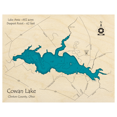 Bathymetric topo map of Cowan Lake, OH with roads, towns and depths noted in blue water.