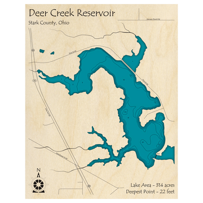 Bathymetric topo map of Deer Creek Reservoir, OH with roads, towns and depths noted in blue water.