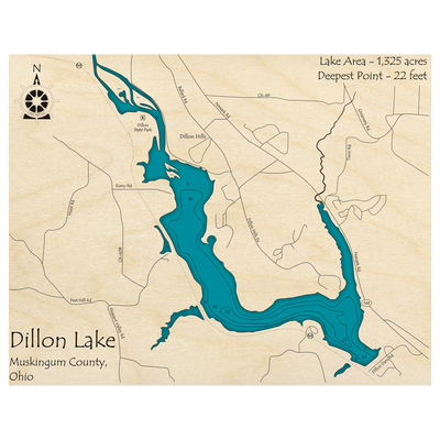 Bathymetric topo map of Dillon Lake, OH with roads, towns and depths noted in blue water.