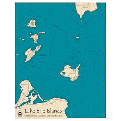 Bathymetric topo map of Erie Islands, OH with roads, towns and depths noted in blue water.