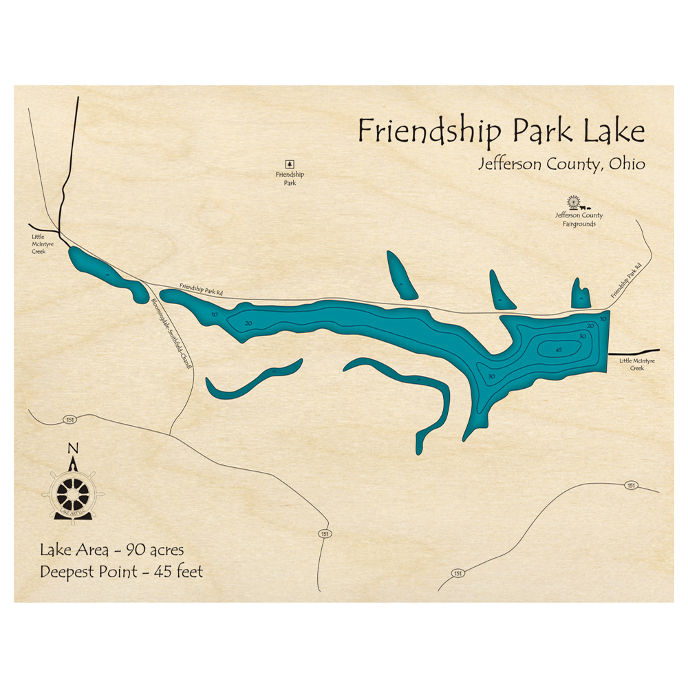 Bathymetric topo map of Friendship Park Lake, OH with roads, towns and depths noted in blue water.