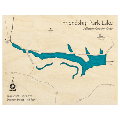 Bathymetric topo map of Friendship Park Lake, OH with roads, towns and depths noted in blue water.