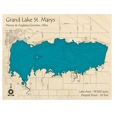Bathymetric topo map of Grand Lake St Marys, OH with roads, towns and depths noted in blue water.