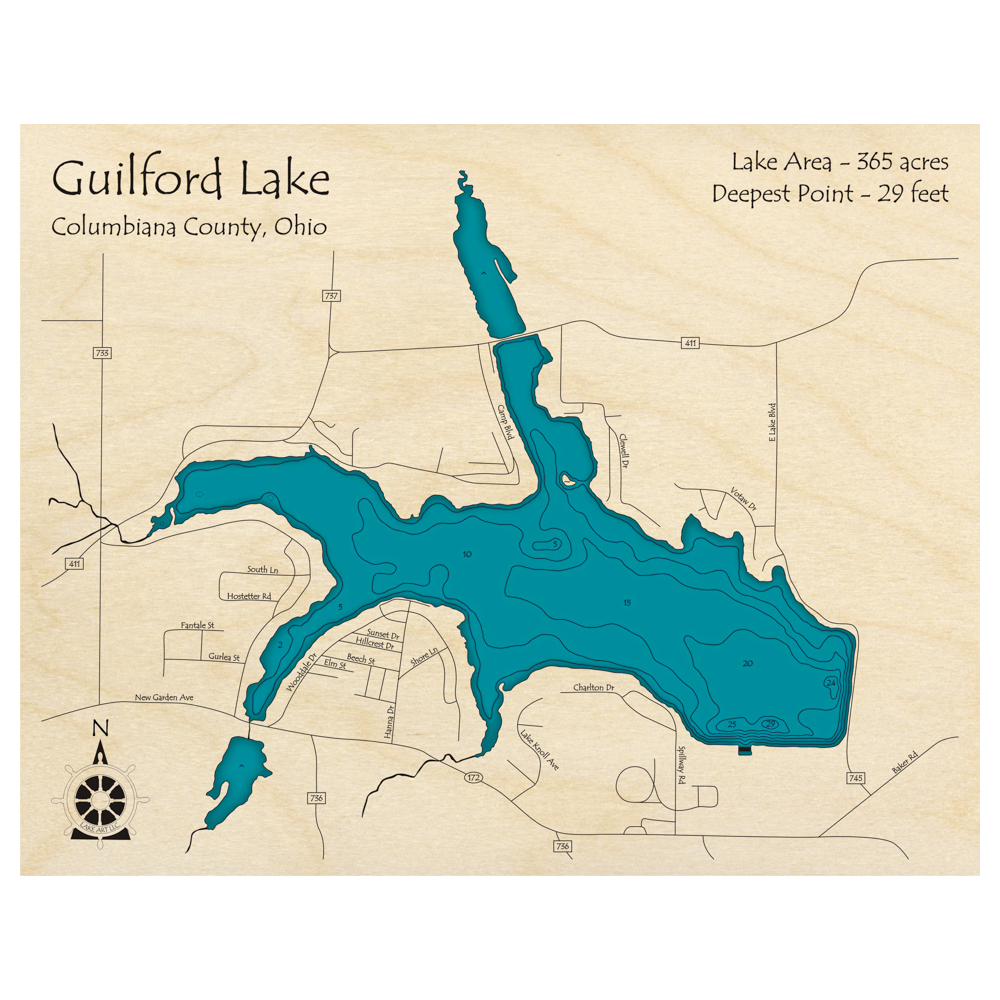 Bathymetric topo map of Guilford Lake, OH with roads, towns and depths noted in blue water.