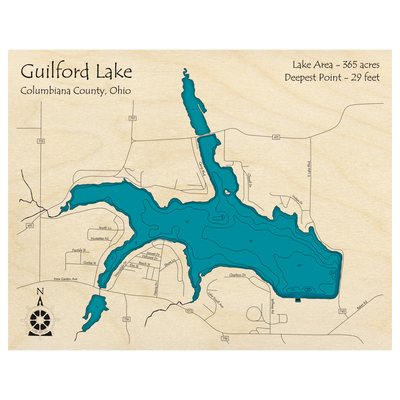 Bathymetric topo map of Guilford Lake, OH with roads, towns and depths noted in blue water.