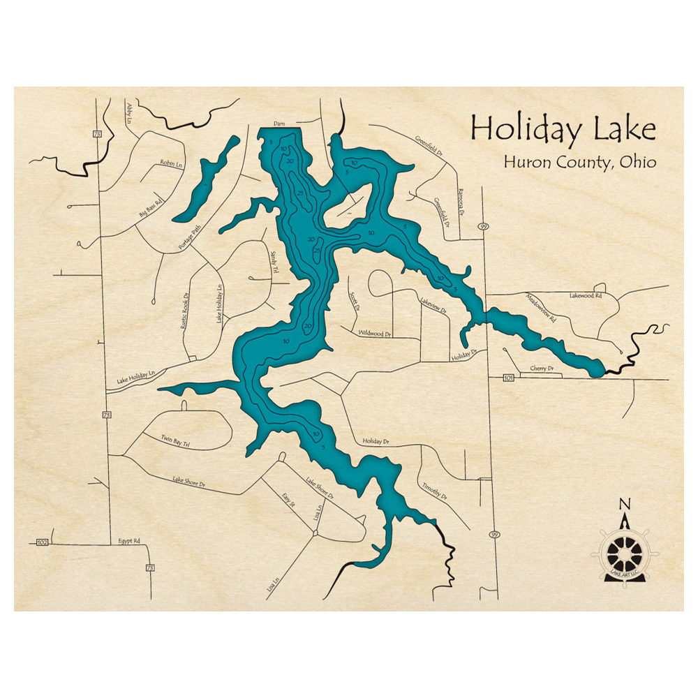Bathymetric topo map of Holiday Lake, OH with roads, towns and depths noted in blue water.