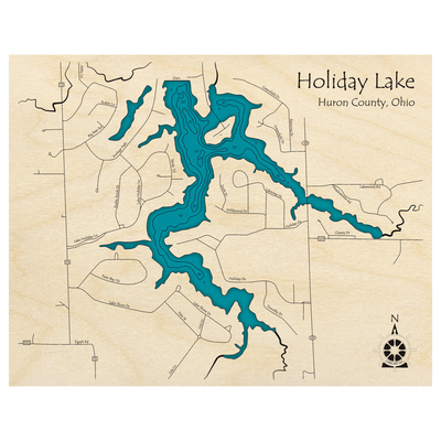 Bathymetric topo map of Holiday Lake, OH with roads, towns and depths noted in blue water.