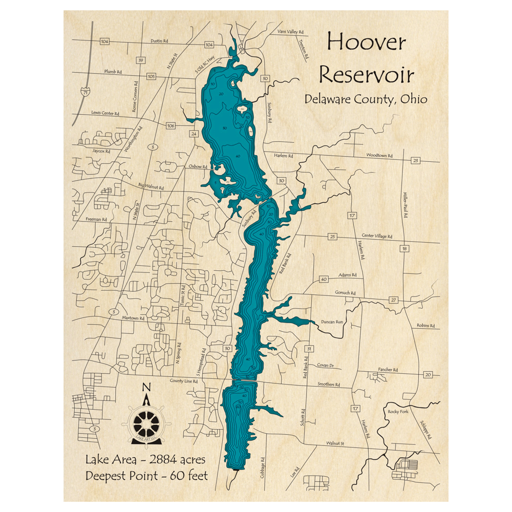 Bathymetric topo map of Hoover Reservoir, OH with roads, towns and depths noted in blue water.