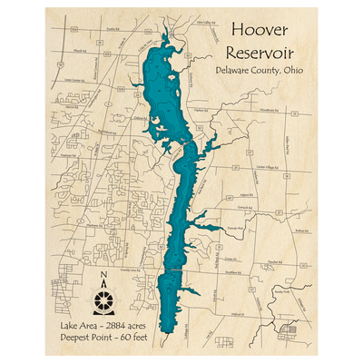 Bathymetric topo map of Hoover Reservoir, OH with roads, towns and depths noted in blue water.