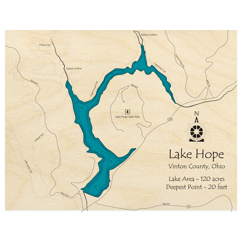 Bathymetric topo map of Lake Hope, OH with roads, towns and depths noted in blue water.