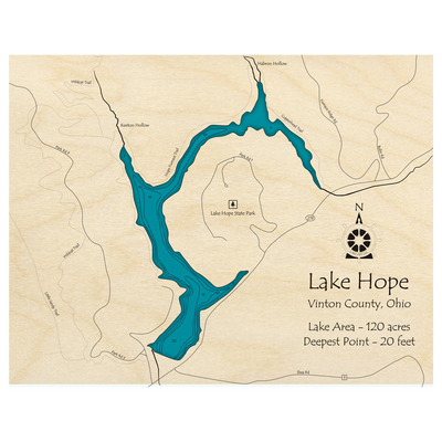 Bathymetric topo map of Lake Hope, OH with roads, towns and depths noted in blue water.