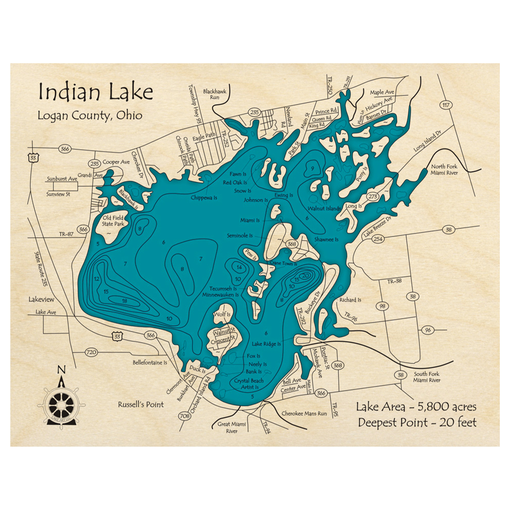 Bathymetric topo map of Indian Lake, OH with roads, towns and depths noted in blue water.