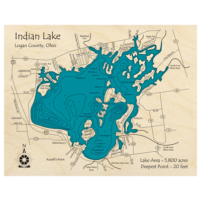 Bathymetric topo map of Indian Lake, OH with roads, towns and depths noted in blue water.