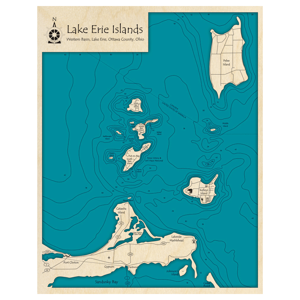 Bathymetric topo map of Islands of Lake Erie with Port Clinton, OH with roads, towns and depths noted in blue water.