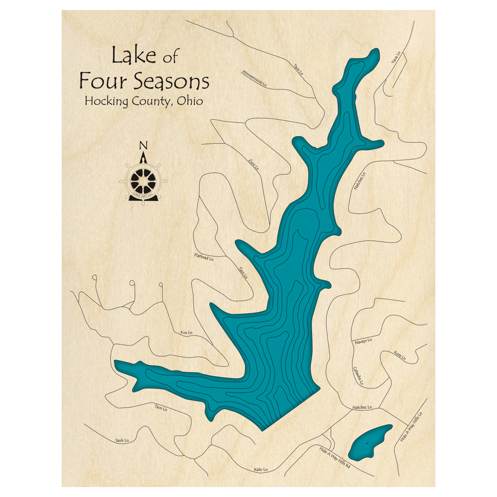 Bathymetric topo map of Lake of Four Seasons, OH with roads, towns and depths noted in blue water.