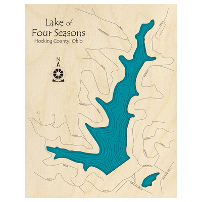 Bathymetric topo map of Lake of Four Seasons, OH with roads, towns and depths noted in blue water.