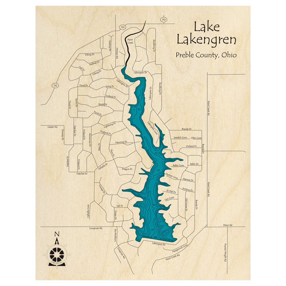 Bathymetric topo map of Lake Lakengren, OH with roads, towns and depths noted in blue water.