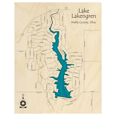 Bathymetric topo map of Lake Lakengren, OH with roads, towns and depths noted in blue water.